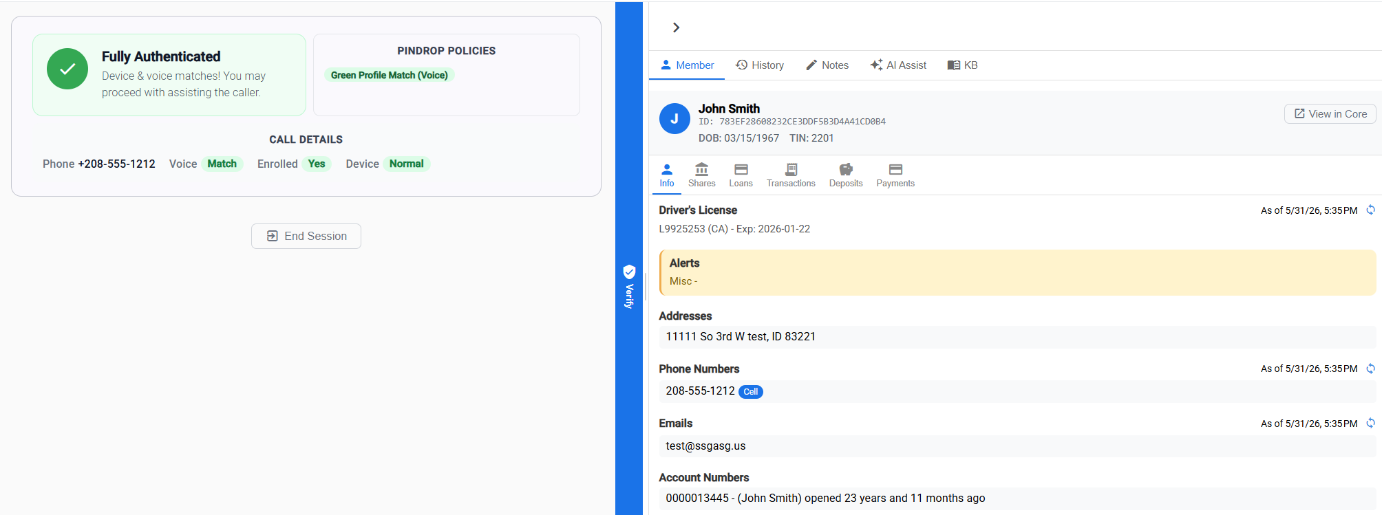 Confirm verification panel embedded in the core — member fully authenticated by voice and device